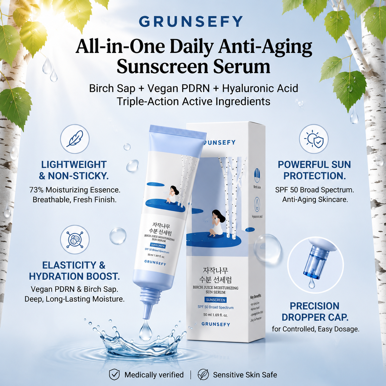 🇰🇷 Birch Juice Moisturizing Sun Screen💧Contains hyaluronic acid |2-in-1 Sun Serum，Sun protection & hydration